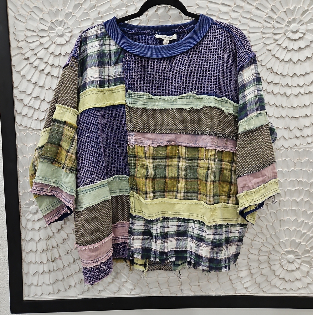 Patchwork Plaid Relaxed Waffle Upcycled Women's Top in Green & Blue Oversized - Picture 3 of 8